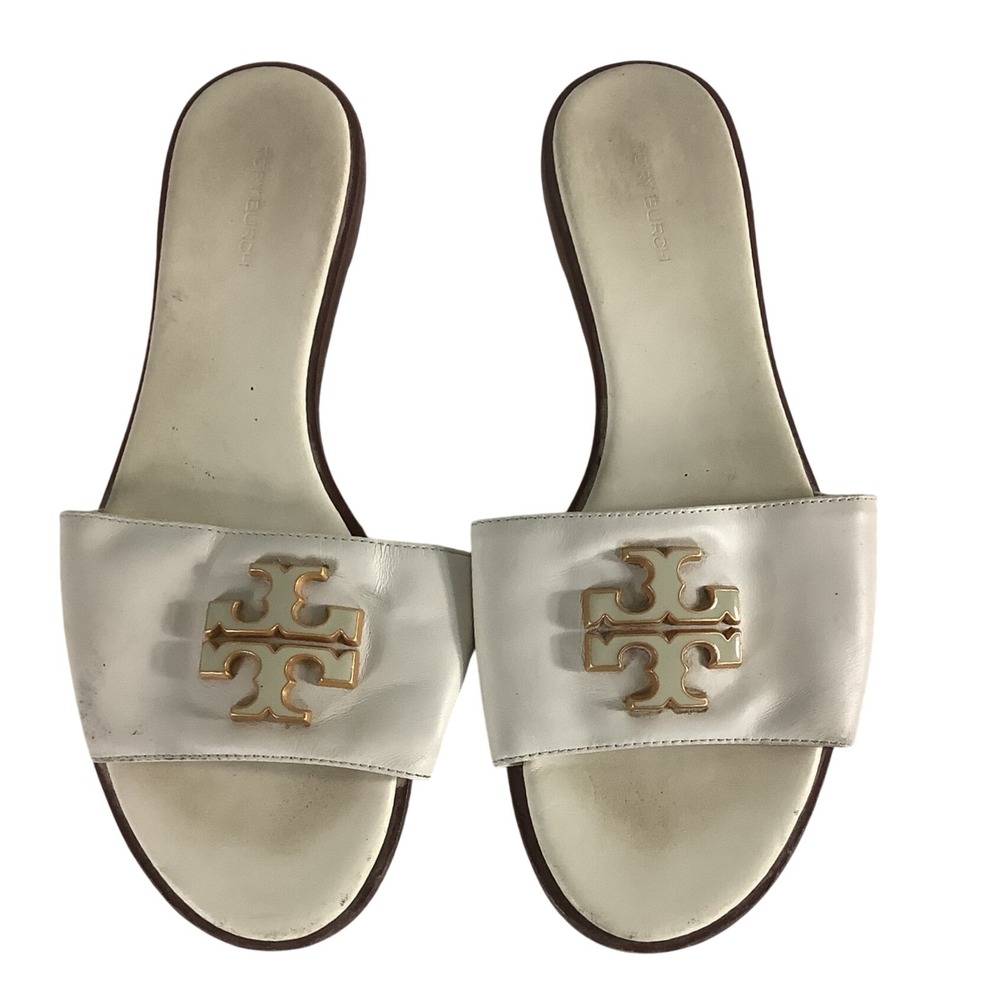 Tory Burch Ines Slide Sandals Cream White Leather Gold Logo Flat Slides Size 10